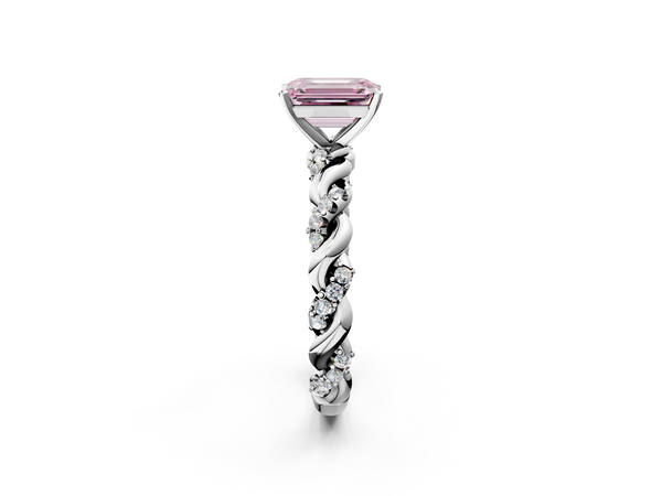 Platinum Fancy Pink Emerald Cut Diamond Solitaire Ring with Twisted Band and Pavé Accents