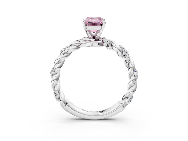 Platinum Fancy Pink Emerald Cut Diamond Solitaire Ring with Twisted Band and Pavé Accents
