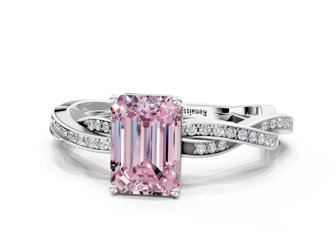 White gold Fancy Pink Emerald  Solitaire Twisted Pave Diamond Ring with Four-Prong Setting_140