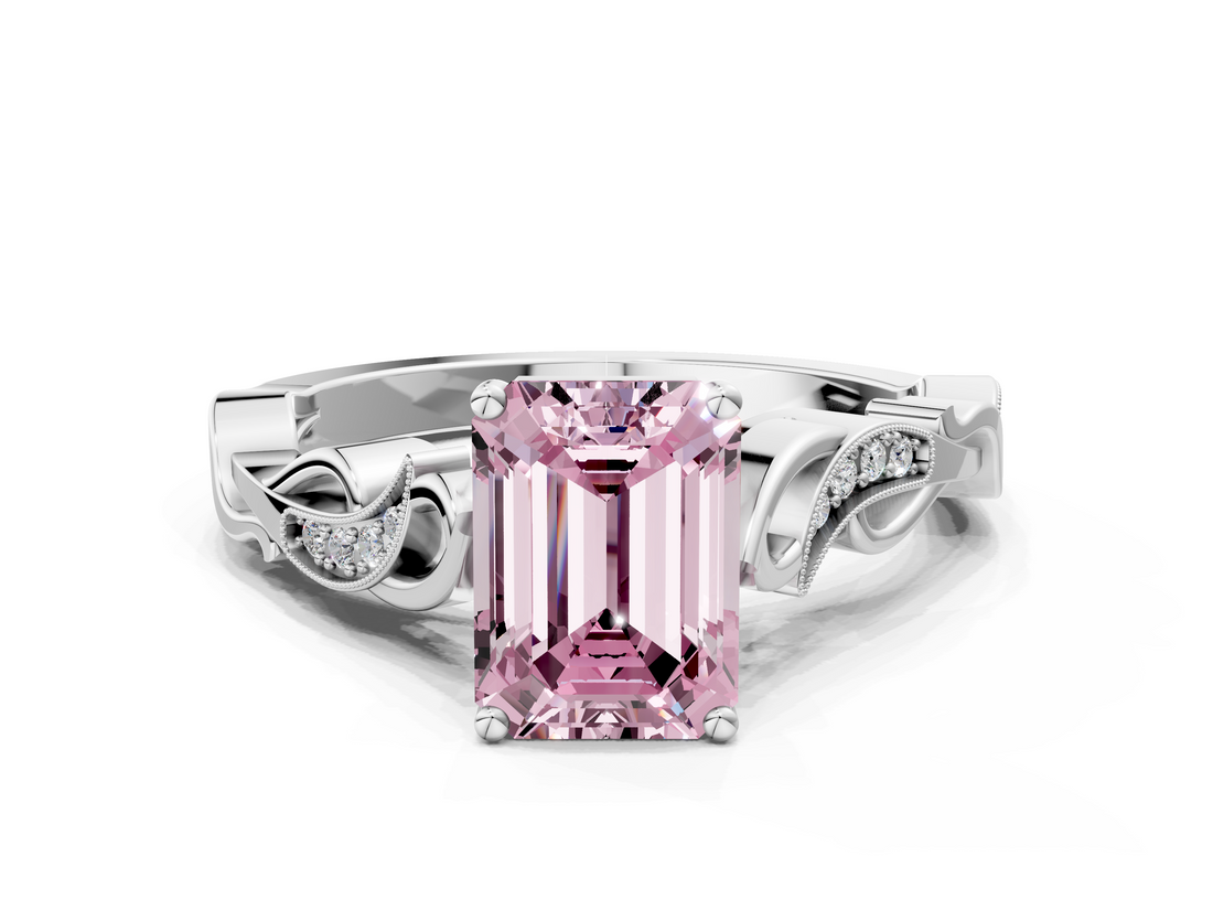 White gold Fancy Pink Emerald  Solitaire Vine Band with Milgrain Prong Setting_3