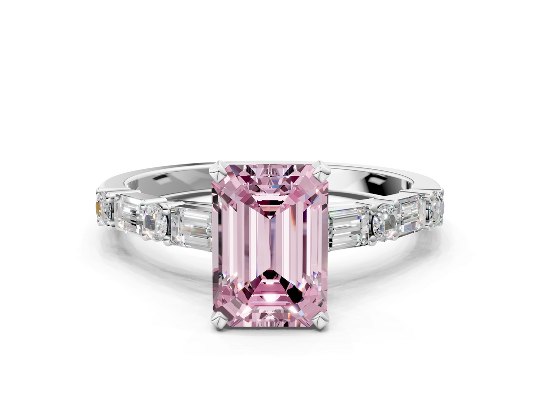 White gold Fancy Pink Emerald  Solitaire with Side Baguettes and Channel Set Band_62