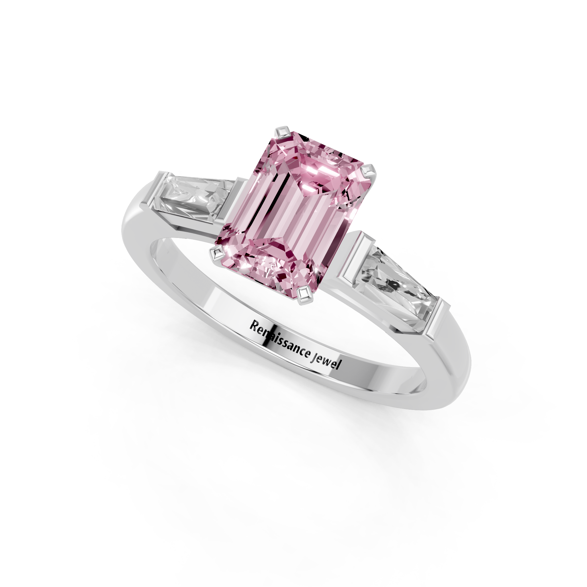 White gold Fancy Pink Emerald  Solitaire with Tapered Baguette Side Stones on a Classic Band with Four-Prong Setting