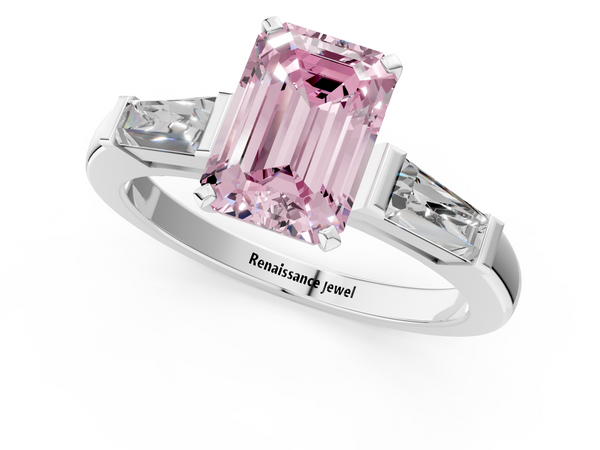 White gold Fancy Pink Emerald  Solitaire with Tapered Baguette Side Stones on a Classic Band with Four-Prong Setting