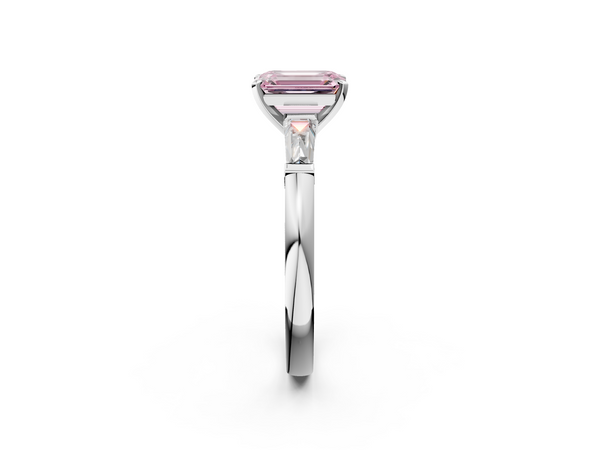 White gold Fancy Pink Emerald  Solitaire with Tapered Baguette Side Stones on a Classic Band with Four-Prong Setting