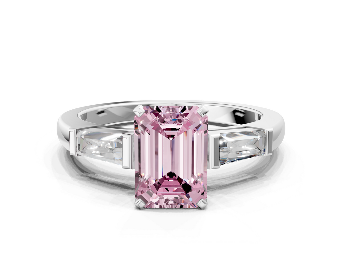 White gold Fancy Pink Emerald  Solitaire with Tapered Baguette Side Stones on a Classic Band with Four-Prong Setting_158