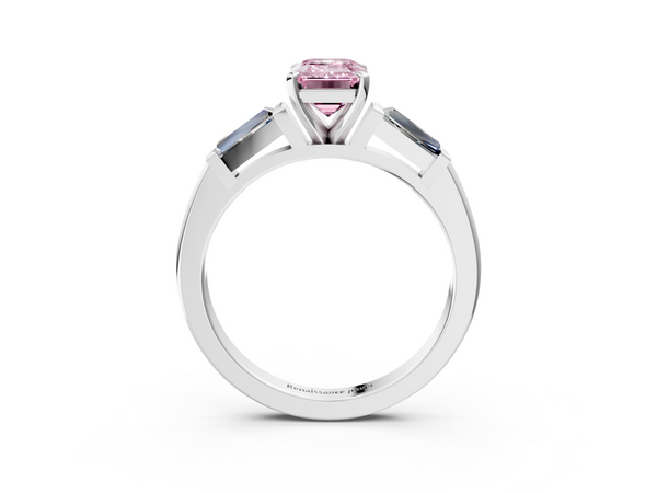White gold Fancy Pink Emerald  Solitaire with Tapered Baguette Side Stones on a Classic Band with Four-Prong Setting