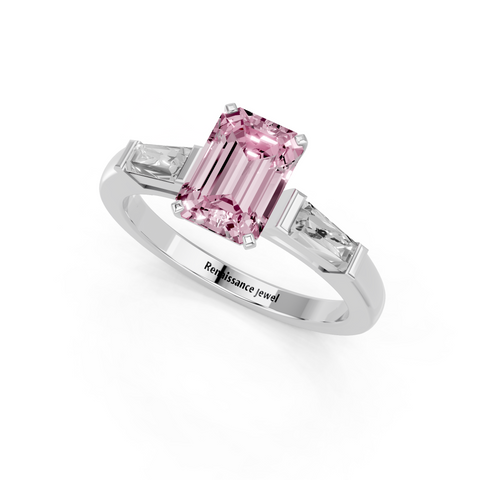 White gold Fancy Pink Emerald  Solitaire with Tapered Baguette Side Stones on a Classic Band with Four-Prong Setting