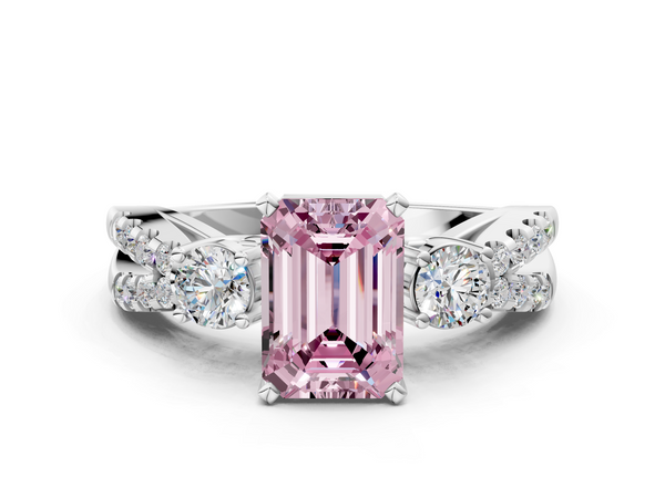 White gold Fancy Pink Emerald Cut Diamond Three-Stone Ring with Pavé Split Shank and Four-Prong Setting