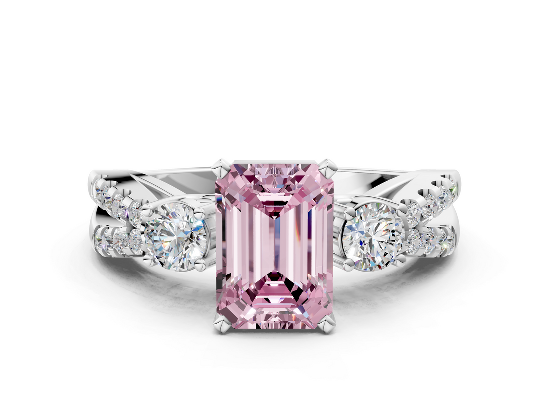 White gold Fancy Pink Emerald  Three-Stone Diamond Ring with Pavé Split Shank and Four-Prong Setting_62