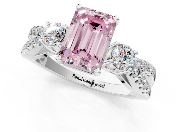 White gold Fancy Pink Emerald Cut Diamond Three-Stone Ring with Pavé Split Shank and Four-Prong Setting