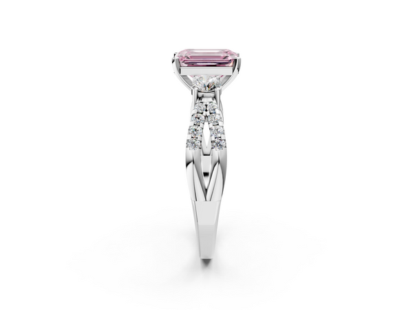 White gold Fancy Pink Emerald Cut Diamond Three-Stone Ring with Pavé Split Shank and Four-Prong Setting
