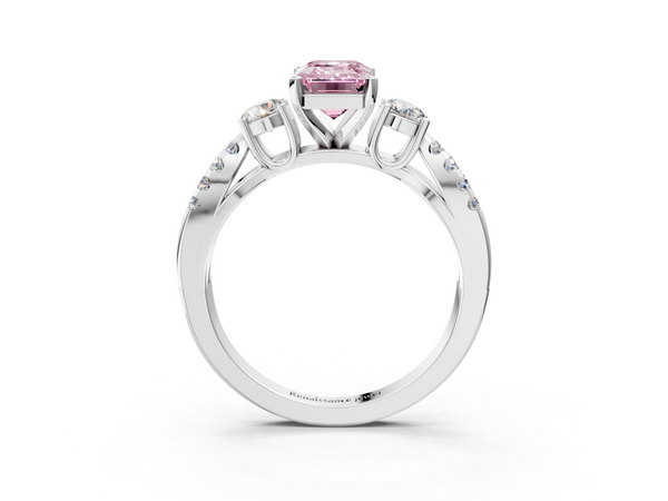 White gold Fancy Pink Emerald Cut Diamond Three-Stone Ring with Pavé Split Shank and Four-Prong Setting