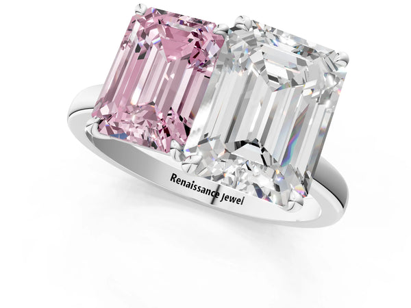 White gold Fancy Pink Emerald  and Emerald Cut Toi Moi Ring with Prong Setting
