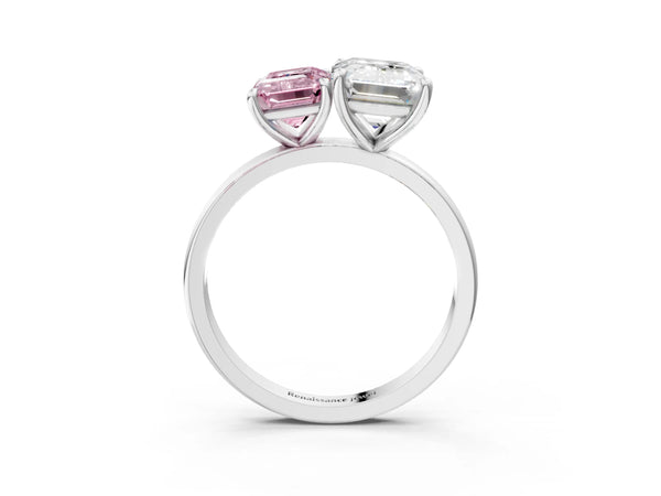White gold Fancy Pink Emerald  and Emerald Cut Toi Moi Ring with Prong Setting