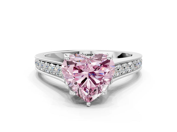 White gold Fancy Pink Heart  Brilliant Cut Diamond Engagement Ring with Pavé Band and Four-Prong Setting