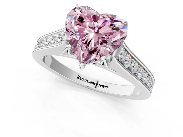 White gold Fancy Pink Heart  Brilliant Cut Diamond Engagement Ring with Pavé Band and Four-Prong Setting