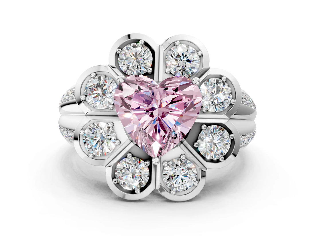 White gold Fancy Pink Heart  Brilliant Flower Halo Diamond Split Shank Ring_26