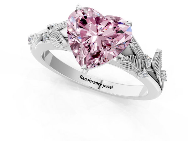 Platinum Fancy Pink Heart Cut Diamond Solitaire Ring with Leaf Motif Band and Four-Prong Setting