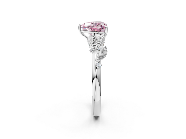 Platinum Fancy Pink Heart Cut Diamond Solitaire Ring with Leaf Motif Band and Four-Prong Setting