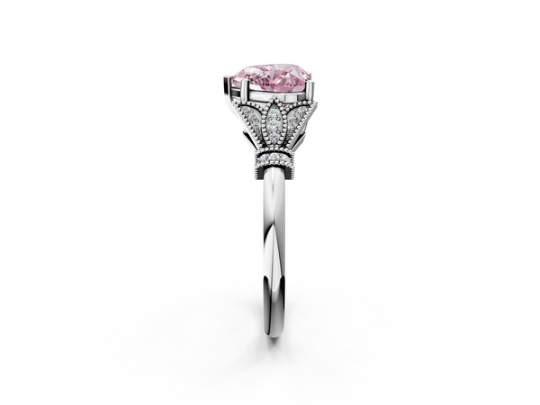 White gold Fancy Pink Heart  Diamond Solitaire Ring with Floral Filigree and Pave Accents