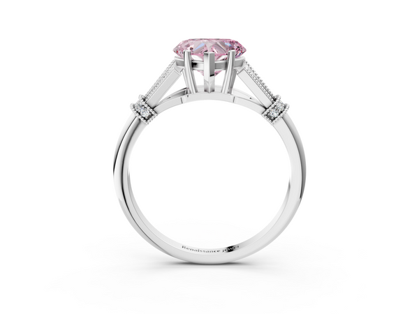 White gold Fancy Pink Heart  Diamond Solitaire Ring with Floral Filigree and Pave Accents