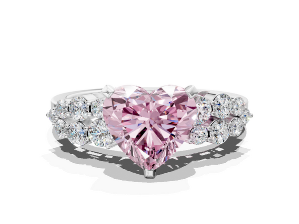Platinum Fancy Pink Heart  Cluster Diamond Engagement Ring with Pavé Band and Four-Prong Setting
