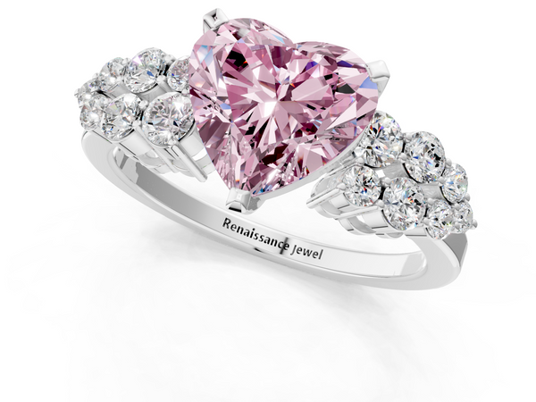 Platinum Fancy Pink Heart  Cluster Diamond Engagement Ring with Pavé Band and Four-Prong Setting