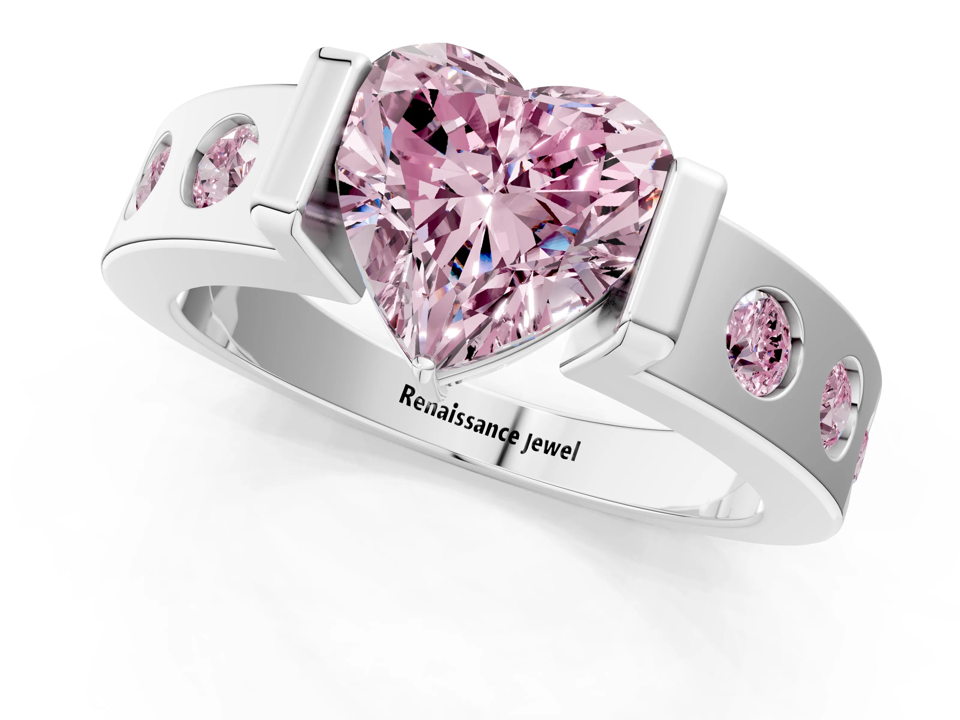 White gold Fancy Pink Heart Cut Brilliant Channel-Set Diamond Ring with Bezel Prong Setting_13
