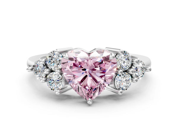 Platinum Fancy Pink Heart Cut Brilliant Diamond Cluster Accent Solitaire Ring with Prong Setting
