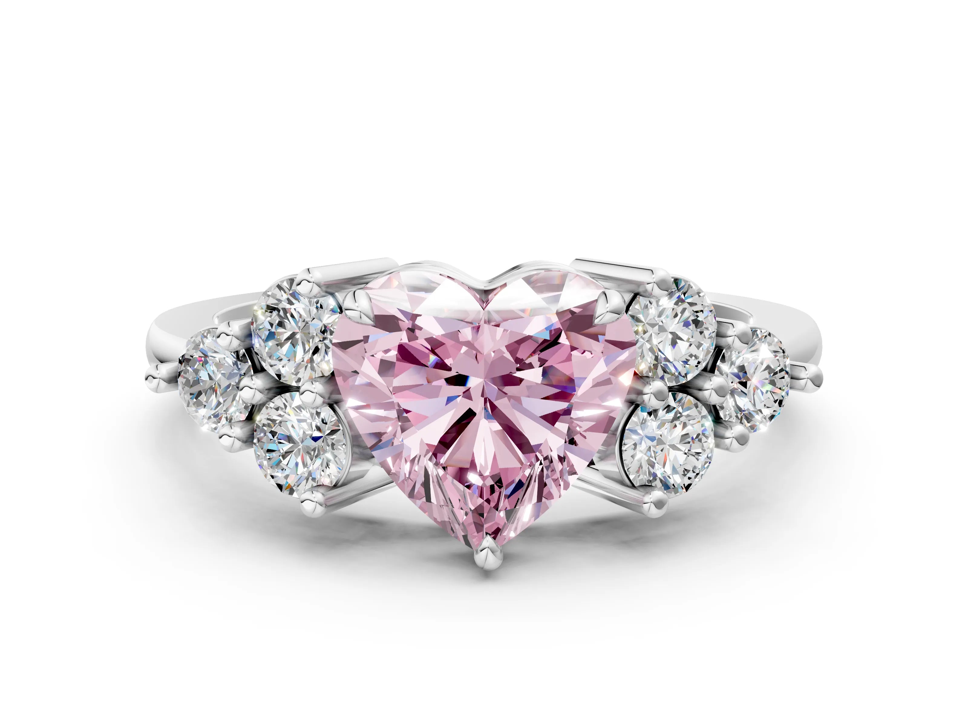 White gold Fancy Pink Heart Cut Brilliant Diamond Cluster Accent Solitaire Ring with Prong Setting_24