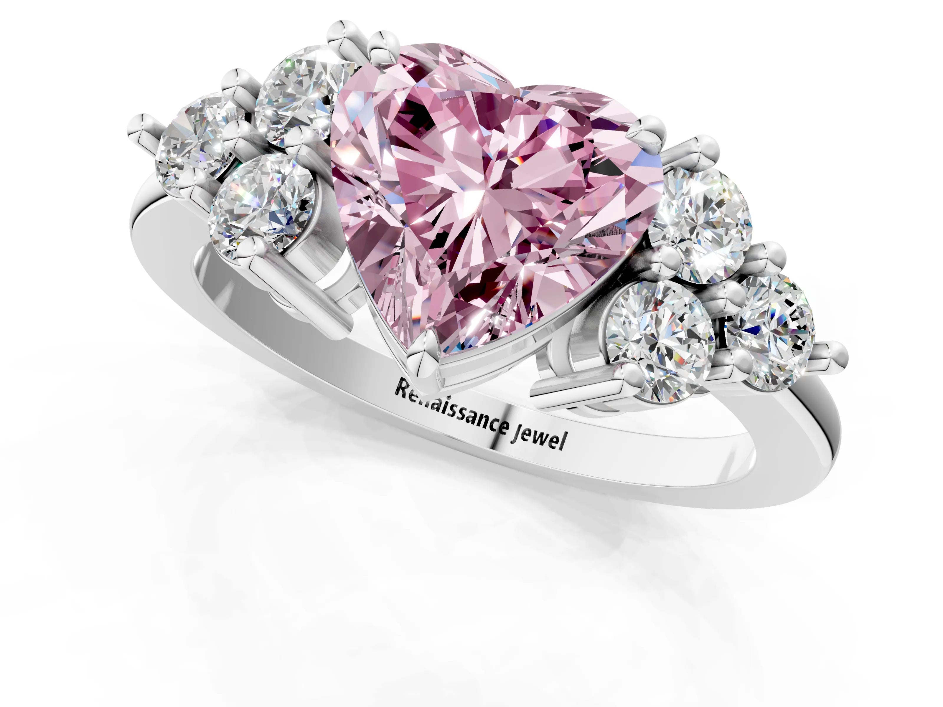 White gold Fancy Pink Heart Cut Brilliant Diamond Cluster Accent Solitaire Ring with Prong Setting_25