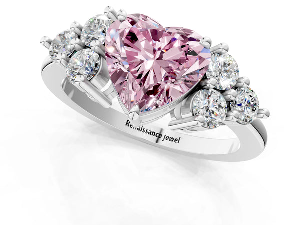 Platinum Fancy Pink Heart Cut Brilliant Diamond Cluster Accent Solitaire Ring with Prong Setting