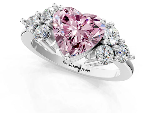 White gold Fancy Pink Heart Cut Brilliant Diamond Cluster Accent Solitaire Ring with Prong Setting_25