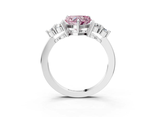 Platinum Fancy Pink Heart Cut Brilliant Diamond Cluster Accent Solitaire Ring with Prong Setting