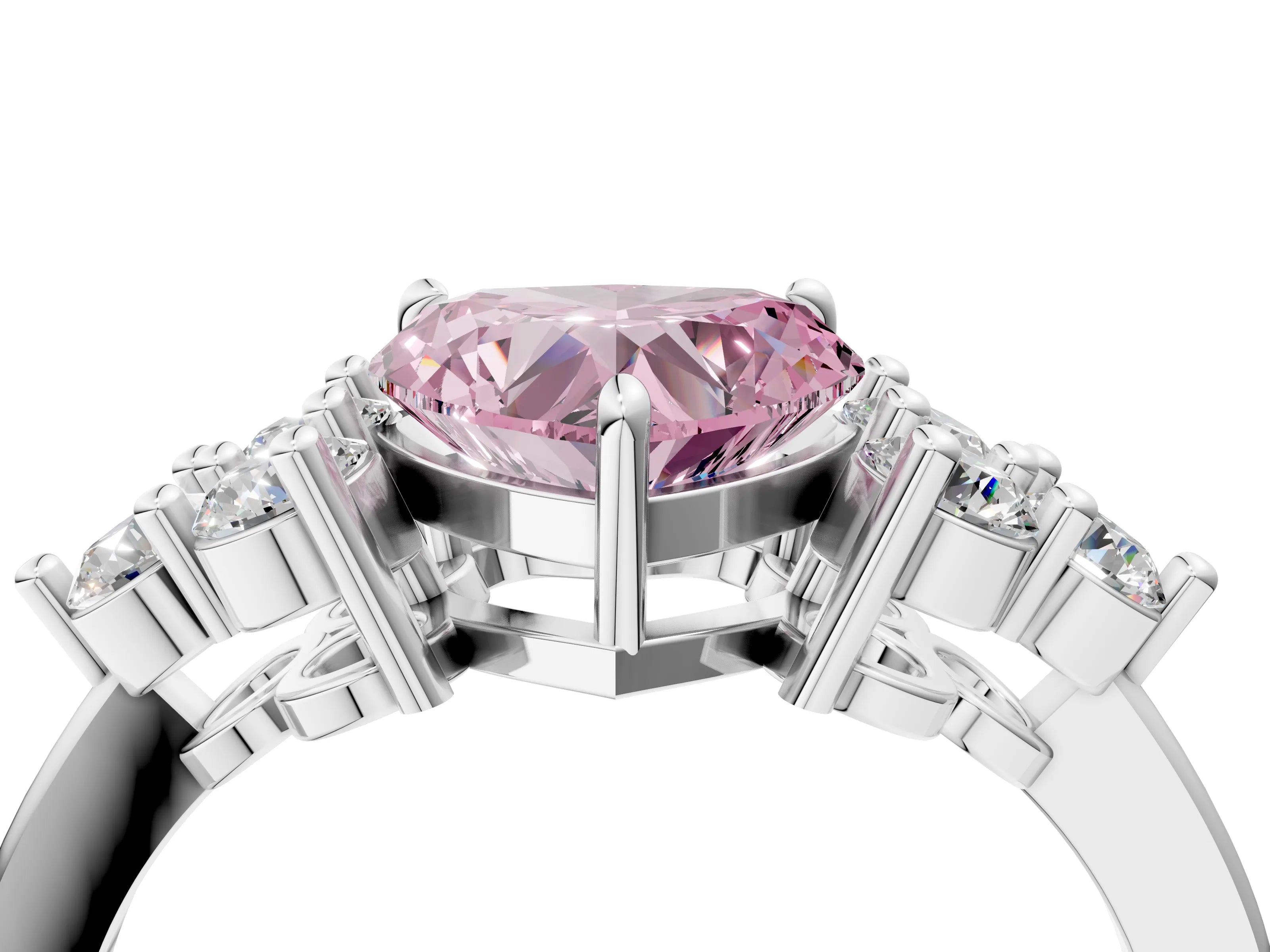 White gold Fancy Pink Heart Cut Brilliant Diamond Cluster Accent Solitaire Ring with Prong Setting_28