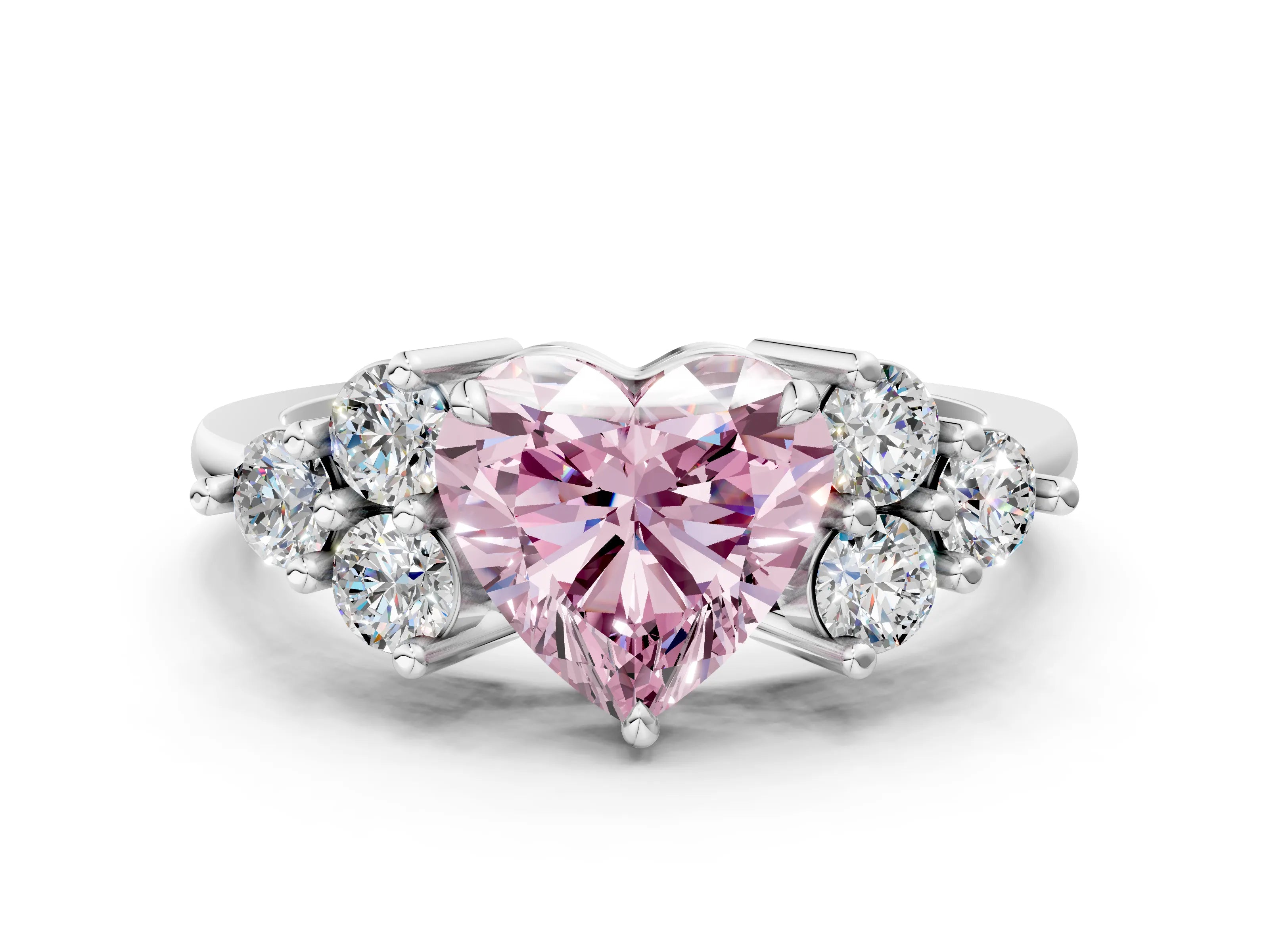 White gold Fancy Pink Heart Cut Brilliant Diamond Cluster Accent Solitaire Ring with Prong Setting