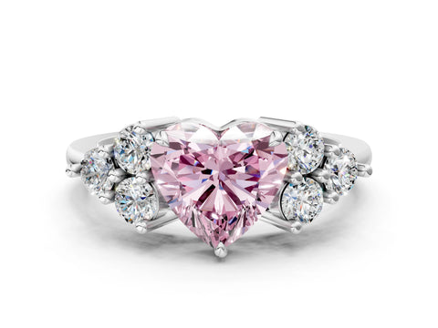 White gold Fancy Pink Heart Cut Brilliant Diamond Cluster Accent Solitaire Ring with Prong Setting