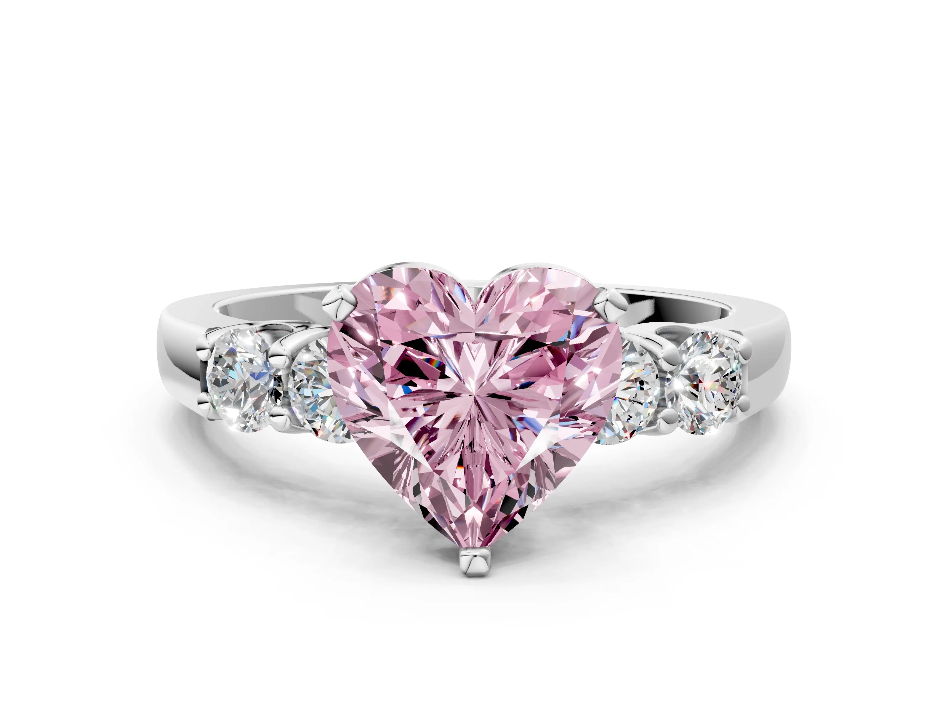 White gold Fancy Pink Heart Cut Brilliant Diamond Five-Stone Engagement Ring with Prong Setting on a Classic Band_3