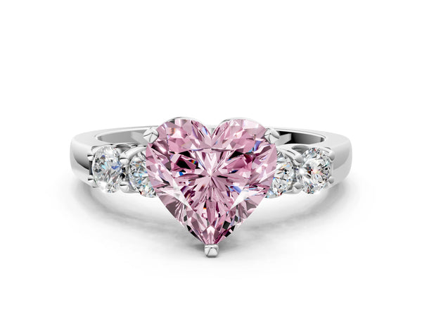 White gold Fancy Pink Heart Cut Brilliant Diamond Five-Stone Engagement Ring with Prong Setting on a Classic Band