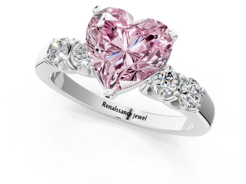 White gold Fancy Pink Heart Cut Brilliant Diamond Five-Stone Engagement Ring with Prong Setting on a Classic Band_4