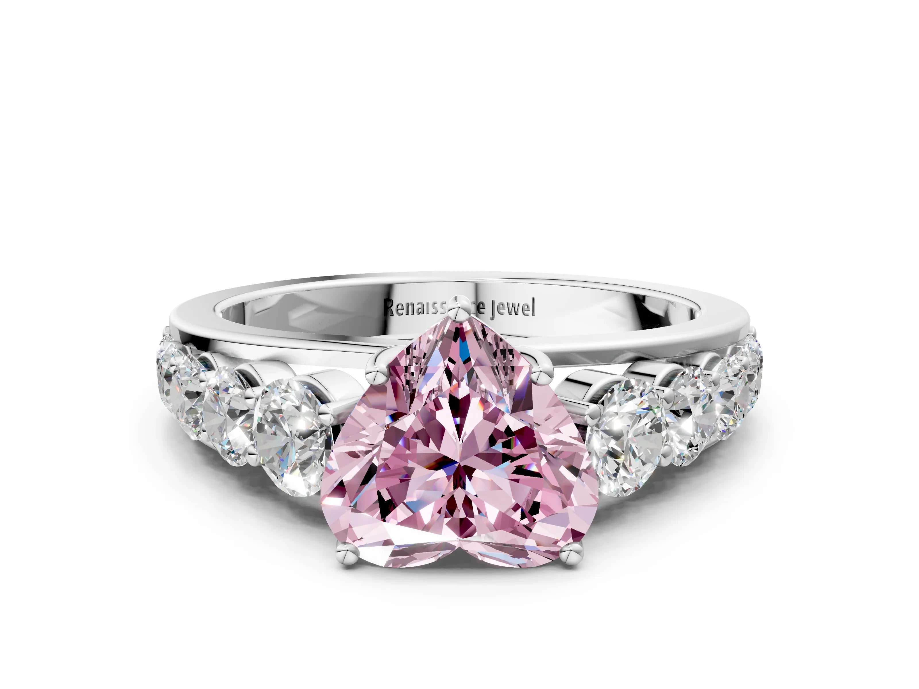White gold Fancy Pink Heart Cut Brilliant Diamond Pavé Band with Six-Prong Setting