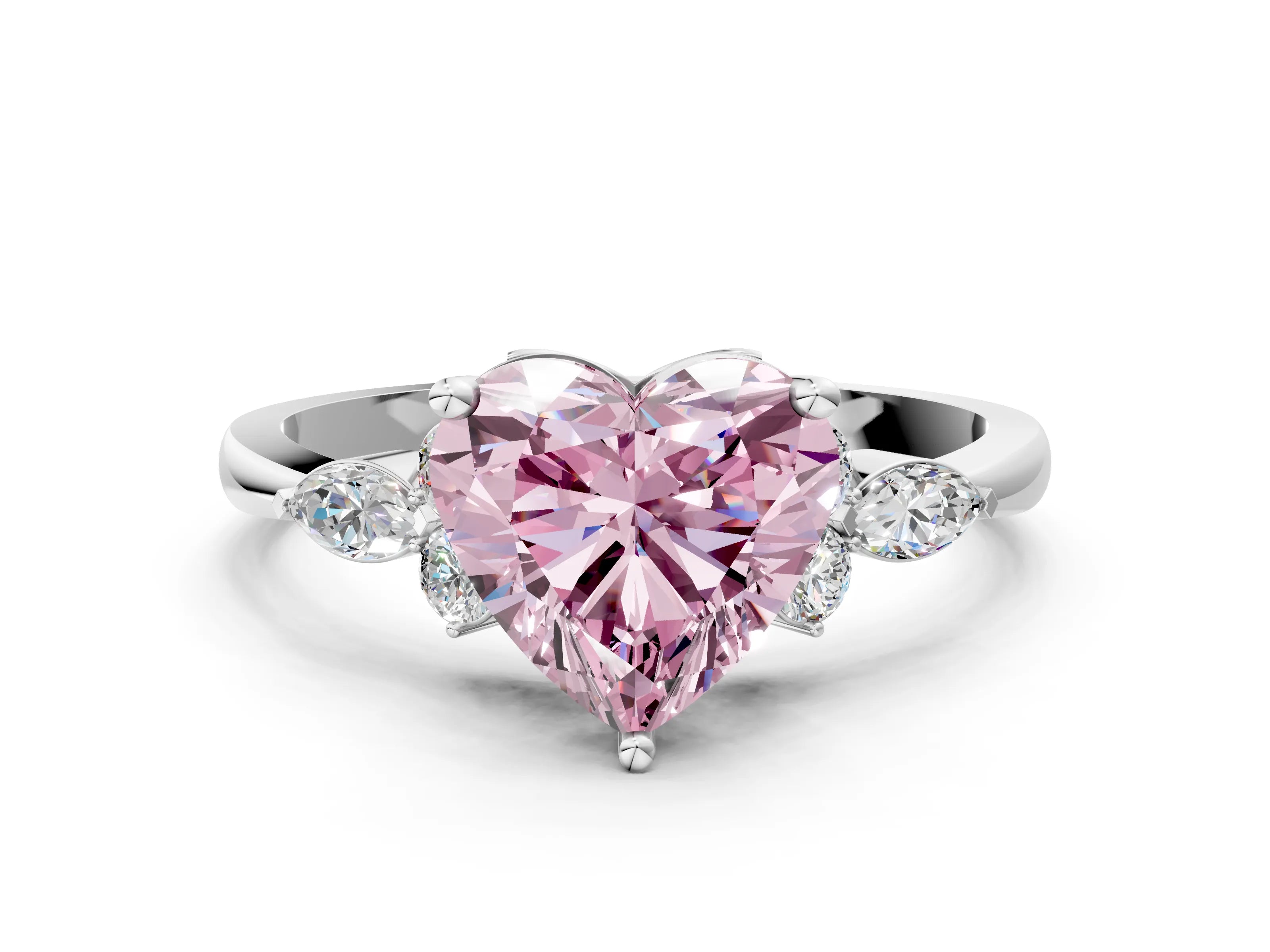 White gold Fancy Pink Heart Cut Brilliant Diamond Solitaire Ring with Pear Side Stones and Four-Prong Setting_6