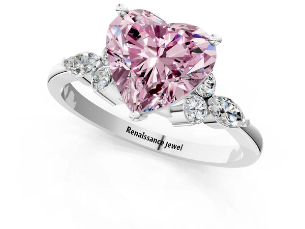 White gold Fancy Pink Heart Cut Brilliant Diamond Solitaire Ring with Pear Side Stones and Four-Prong Setting