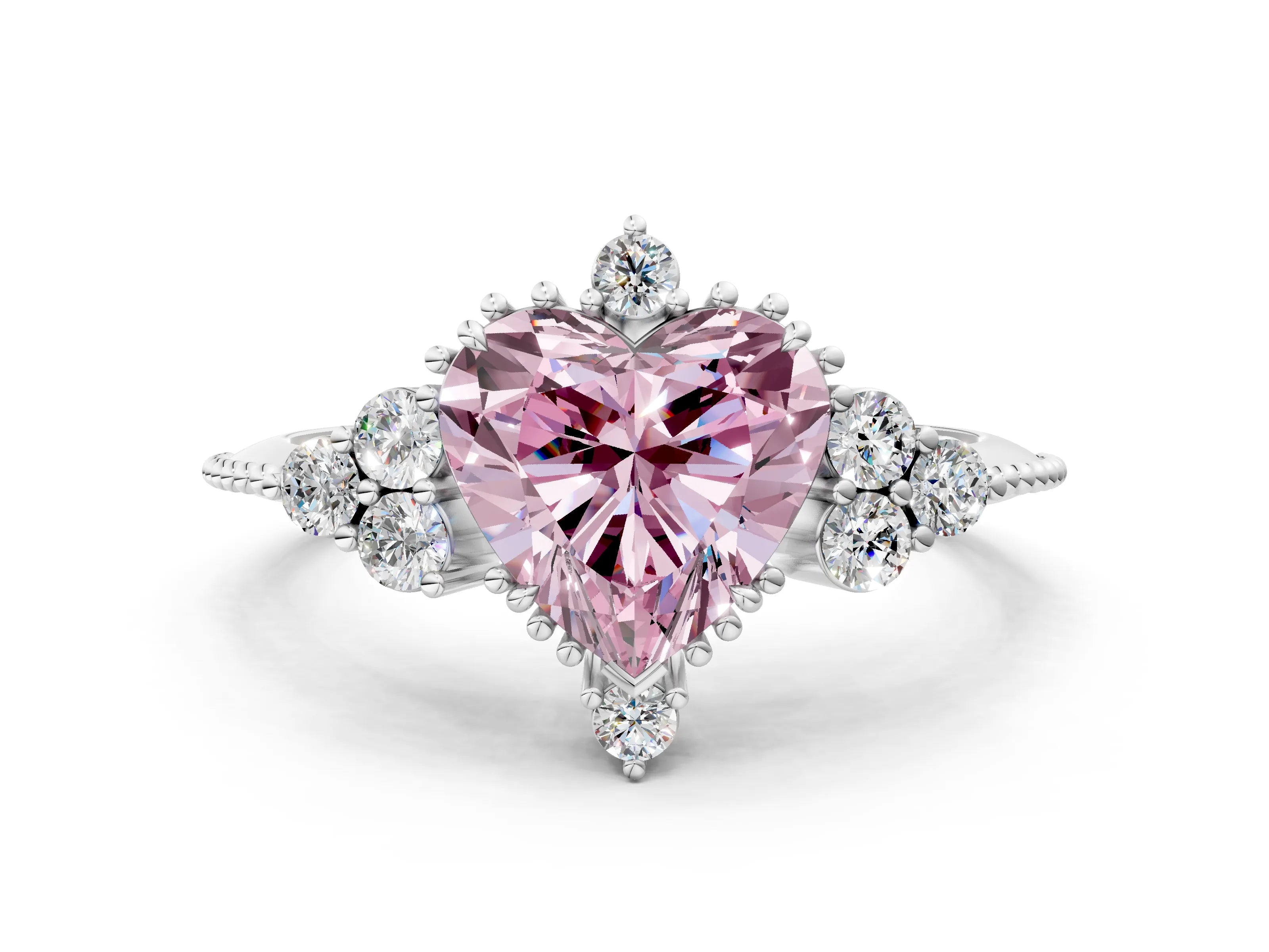 White gold Fancy Pink Heart Cut Brilliant Diamond with Cluster Setting on a Beaded Band and Four-Prong Setting