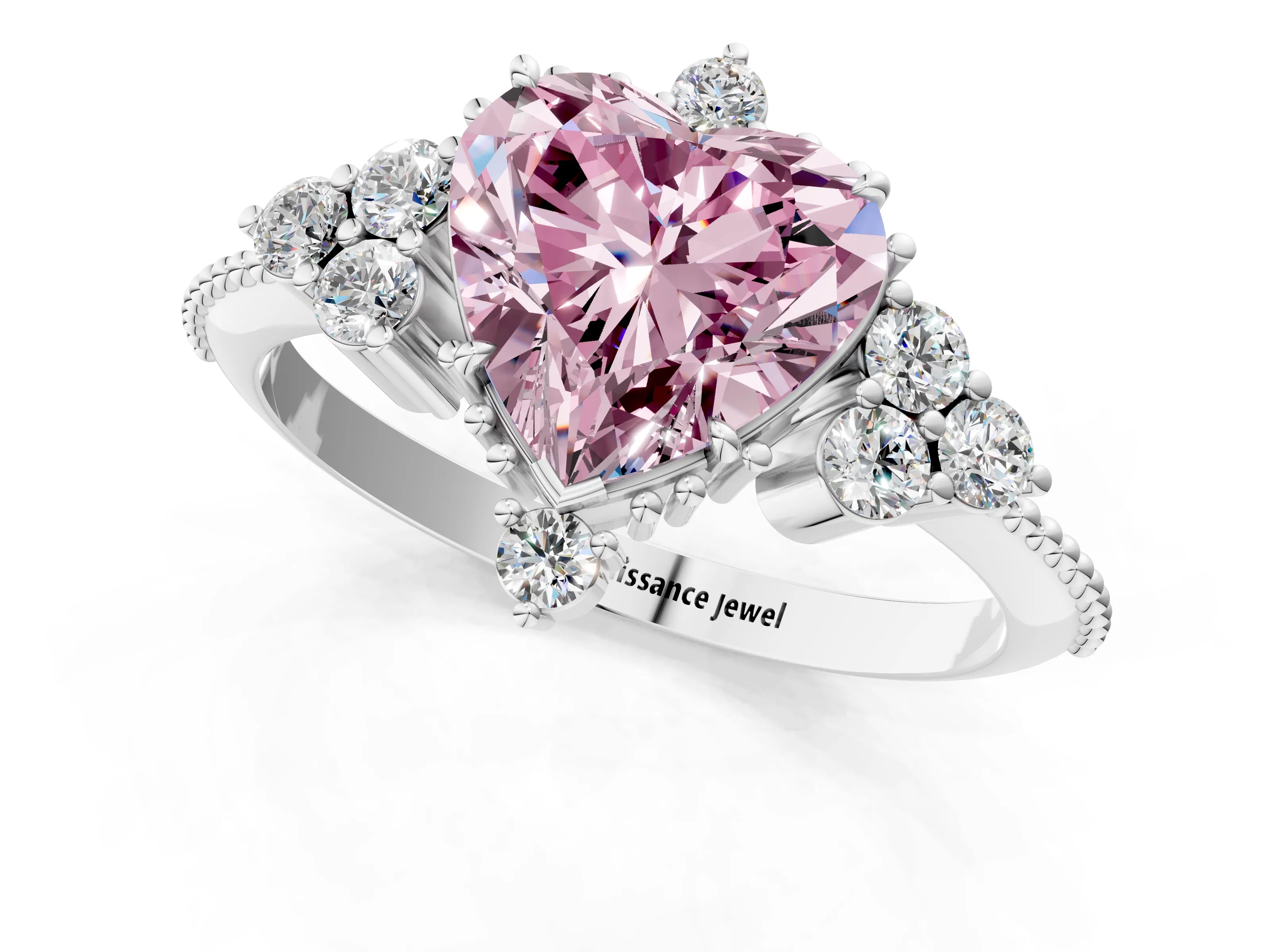 White gold Fancy Pink Heart Cut Brilliant Diamond with Cluster Setting on a Beaded Band and Four-Prong Setting_1