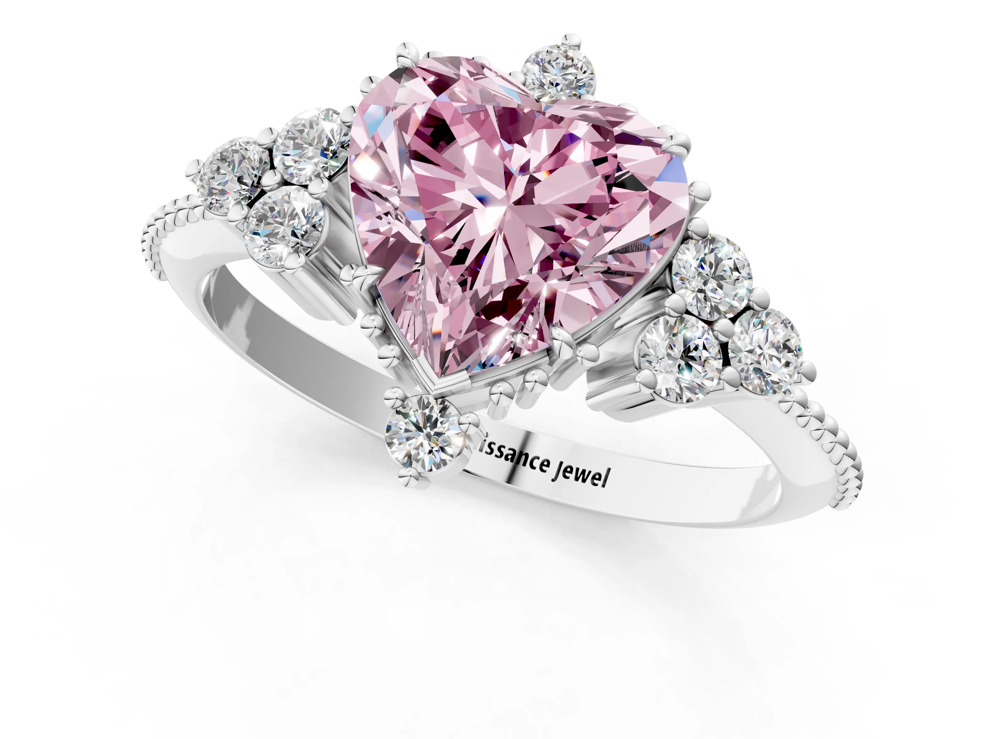White gold Fancy Pink Heart Cut Brilliant Diamond with Cluster Setting on a Beaded Band and Four-Prong Setting_14