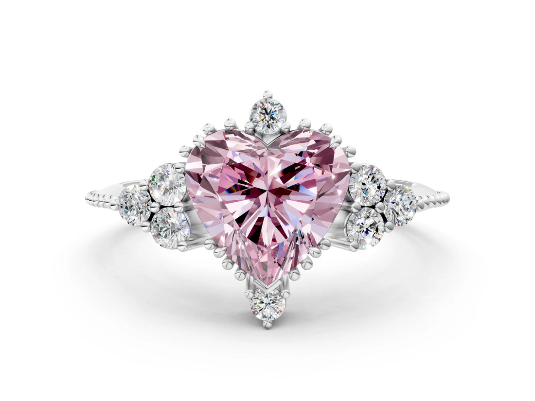 White gold Fancy Pink Heart Cut Brilliant Diamond with Cluster Setting on a Beaded Band and Four-Prong Setting_16