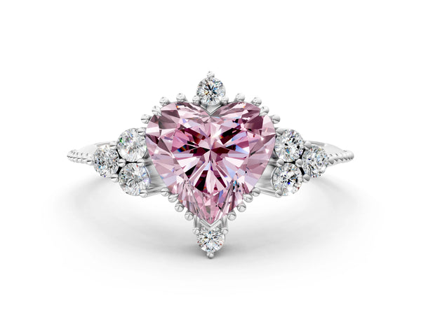 Platinum Fancy Pink Heart Cut Brilliant Diamond with Cluster Setting on a Beaded Band and Four-Prong Setting