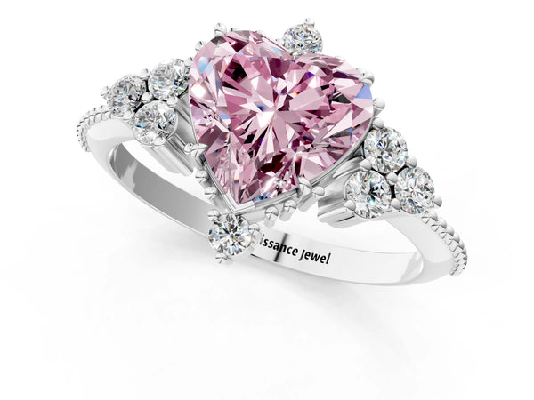 Platinum Fancy Pink Heart Cut Brilliant Diamond with Cluster Setting on a Beaded Band and Four-Prong Setting