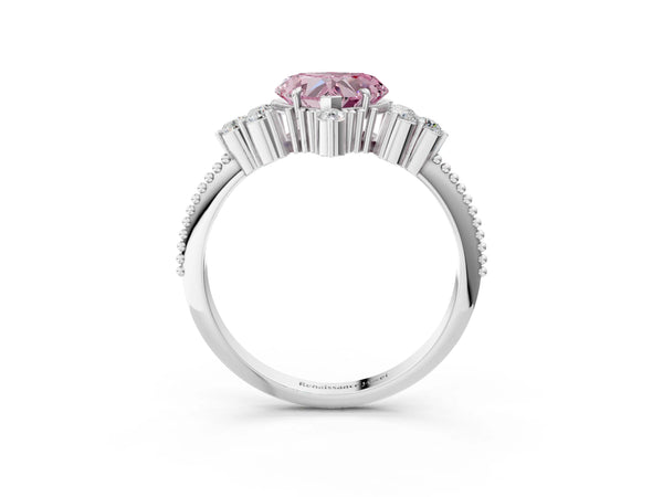 Platinum Fancy Pink Heart Cut Brilliant Diamond with Cluster Setting on a Beaded Band and Four-Prong Setting